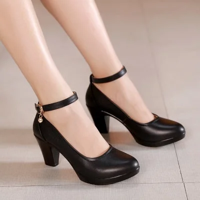 Genuine Leather shoes Women Round Toe Pumps Sapato feminino High Heels Shallow Fashion Black Work Shoe Plus Size 33-43