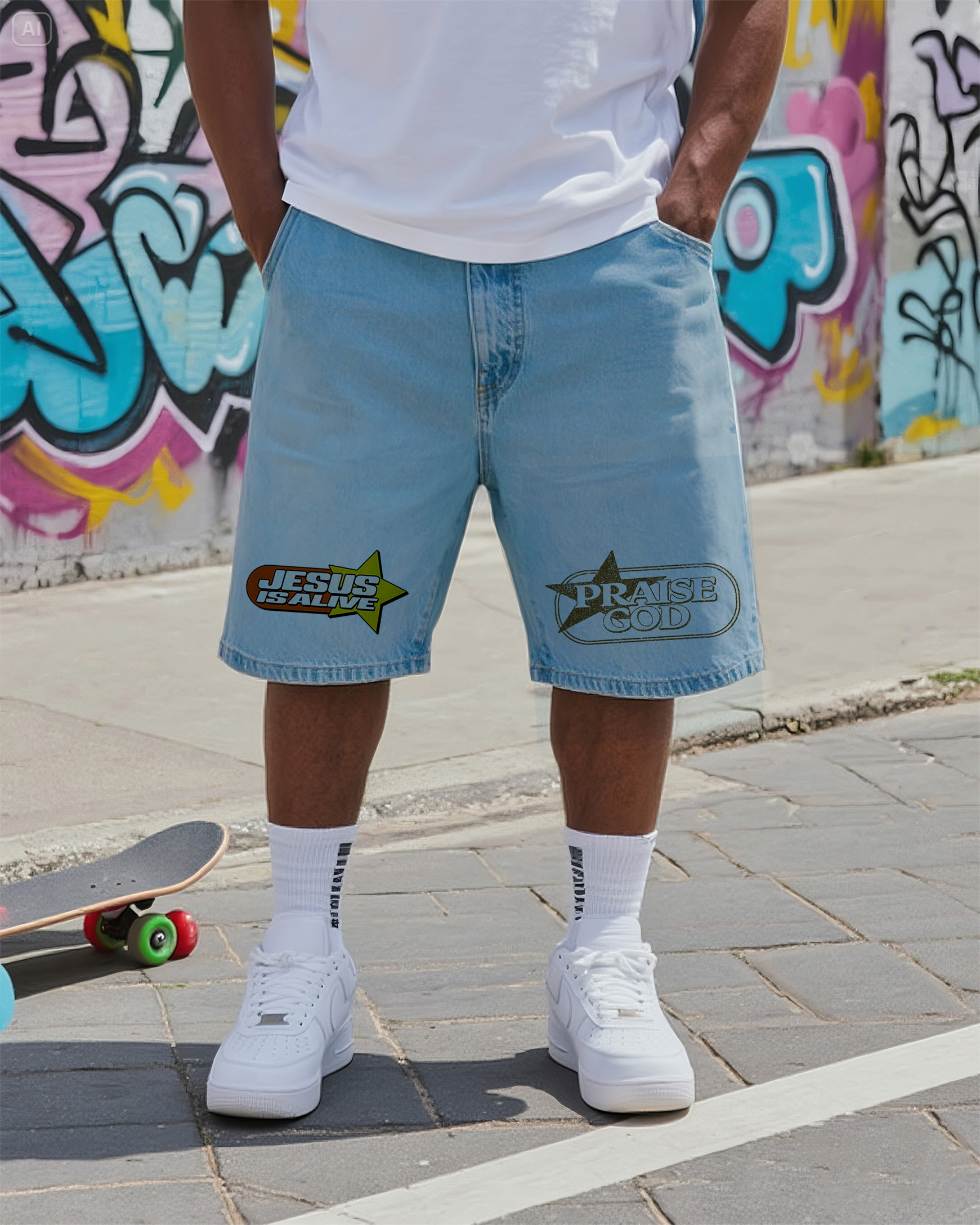 Big & Tall Men's Street Fashion Creative Praise God Jesus Is Alive Graffiti Denim Shorts