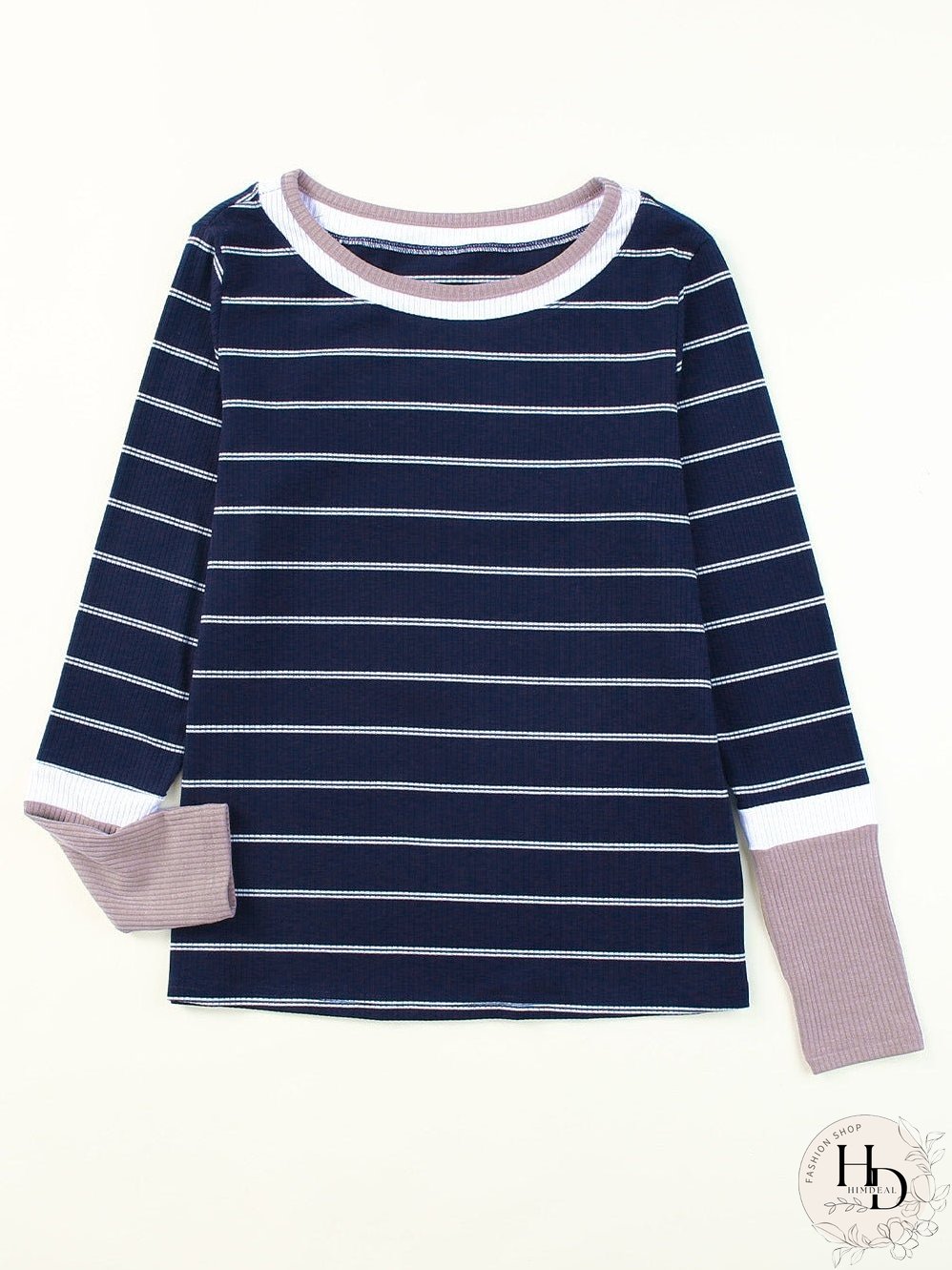 Blue Striped Rib Knit Pullover with Color Block Cuffs