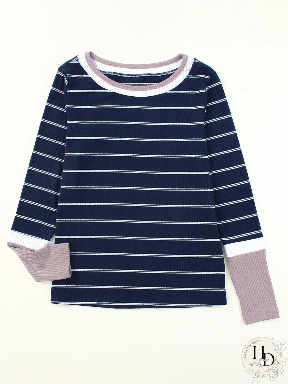 Blue Striped Rib Knit Pullover with Color Block Cuffs