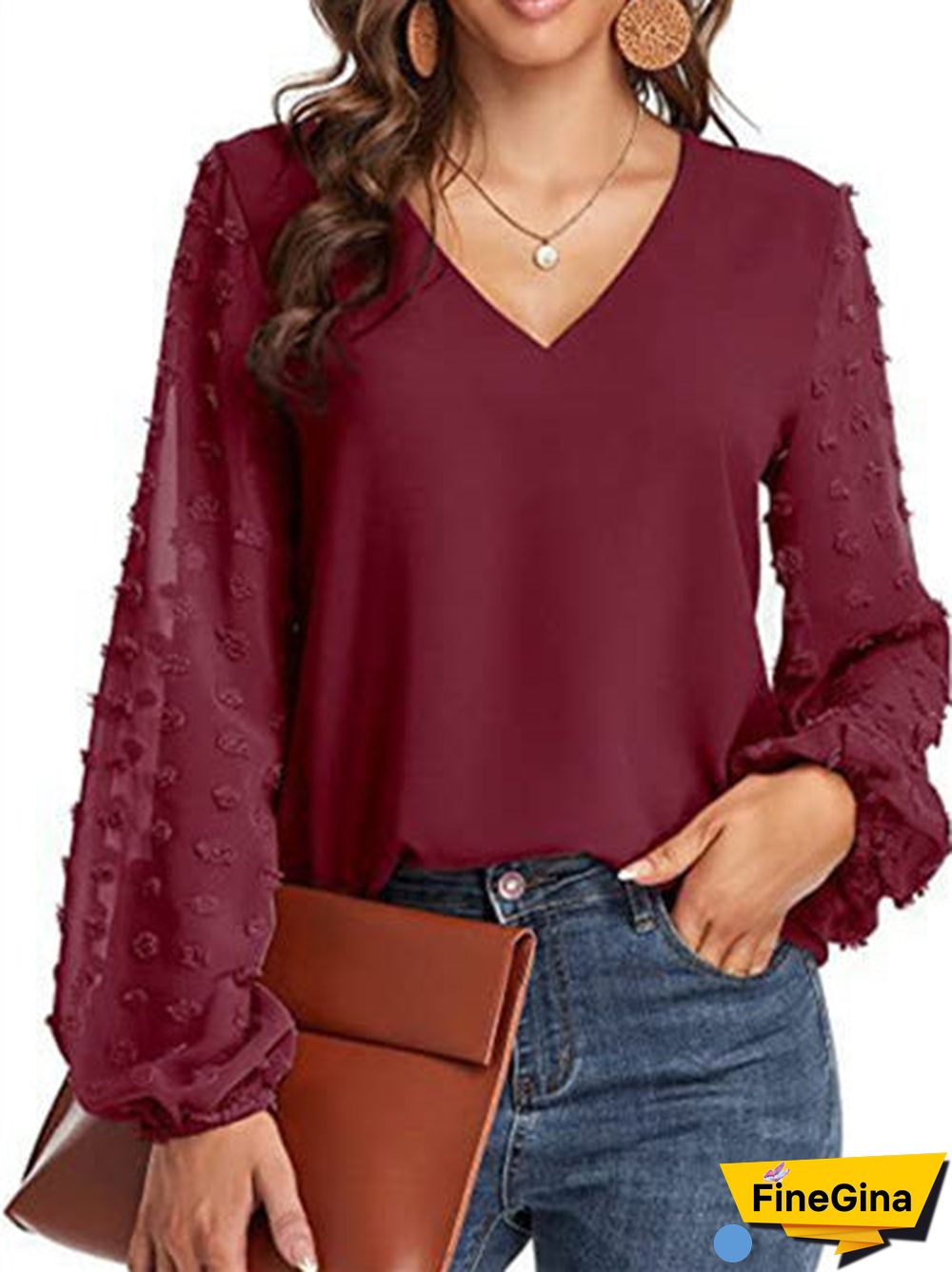 Women's Stitching Polka Dot Solid Color V-Neck Long Sleeve Top