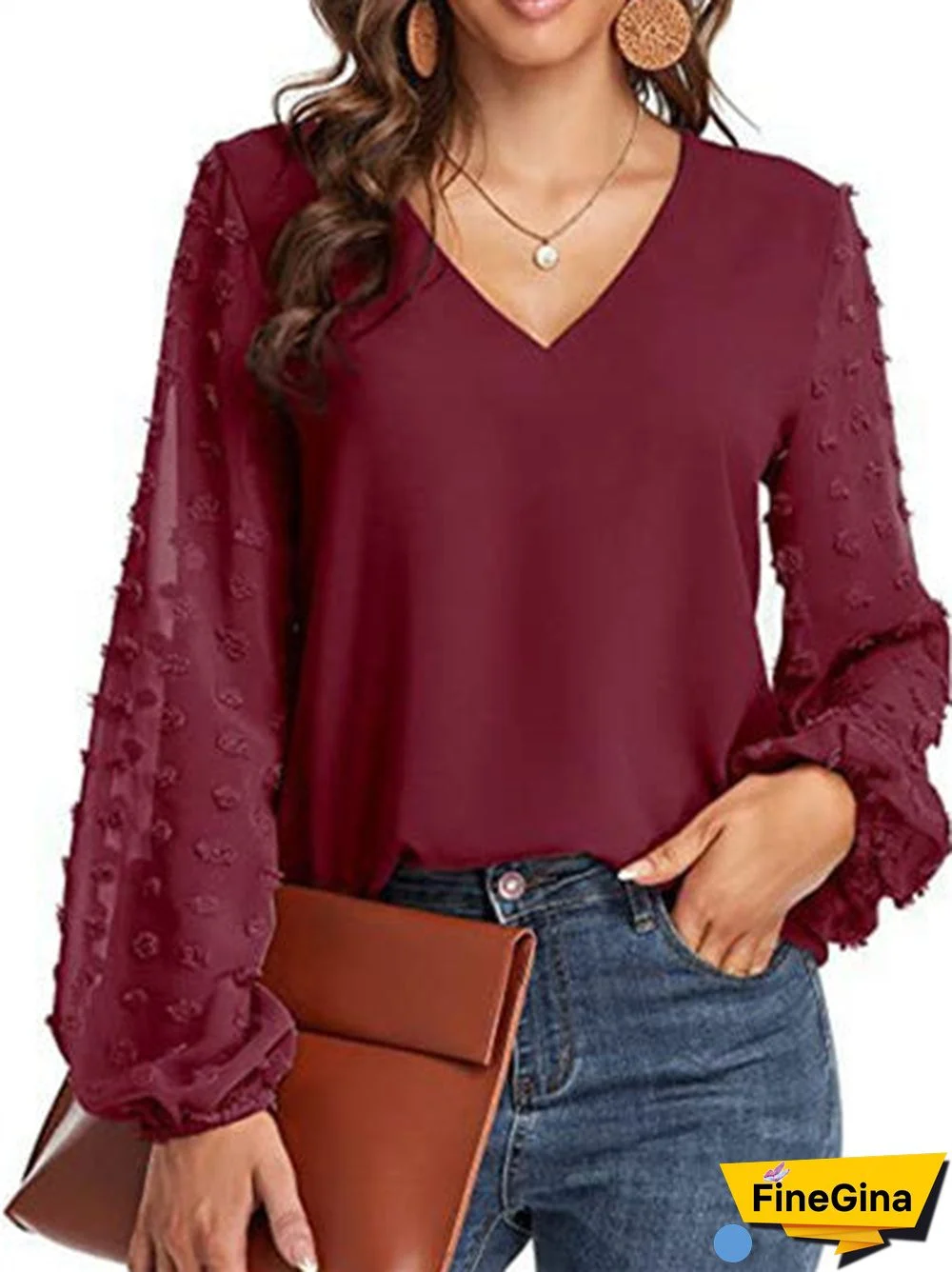 Women's Stitching Polka Dot Solid Color V-Neck Long Sleeve Top