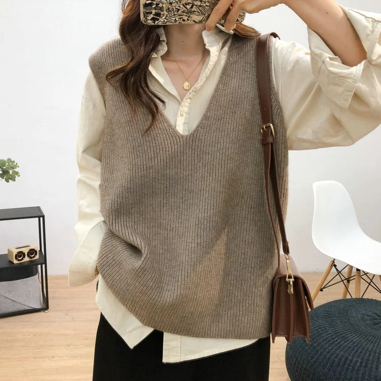 Sleeveless Knitted Sweater Vest Women Autumn Winter 2021 Loose Cashmere Pullover Women Sweaters Vintage V-neck Jumper Vest 16798