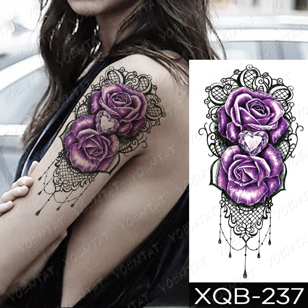 Waterproof Temporary Tattoo Sticker Heart Shaped Diamond Flash Tattoos Rose Flower Lace Body Art Arm Fake Sleeve Tatoo Women