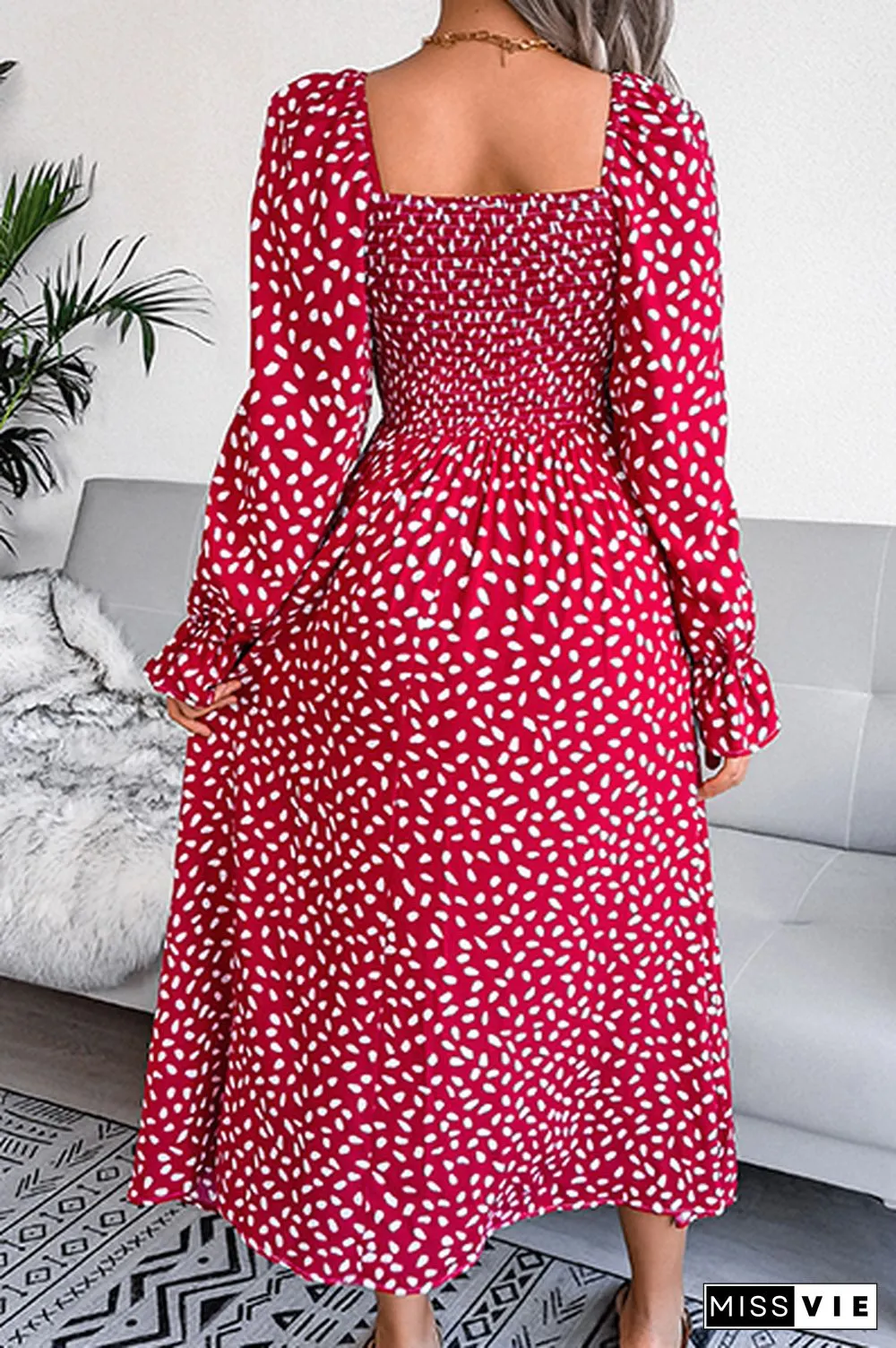 Elegant Print Flounce Fold Square Collar Dresses