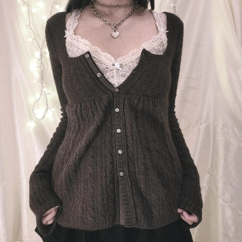 OLCooL 2024 Fall Fashion 00s Aesthetic Kawaii Knitwear T-shirt Women Clothes Coquette Grunge Y2K 00s Vintage Sweater Single Breasted Long Sleeve Cardigan olcool