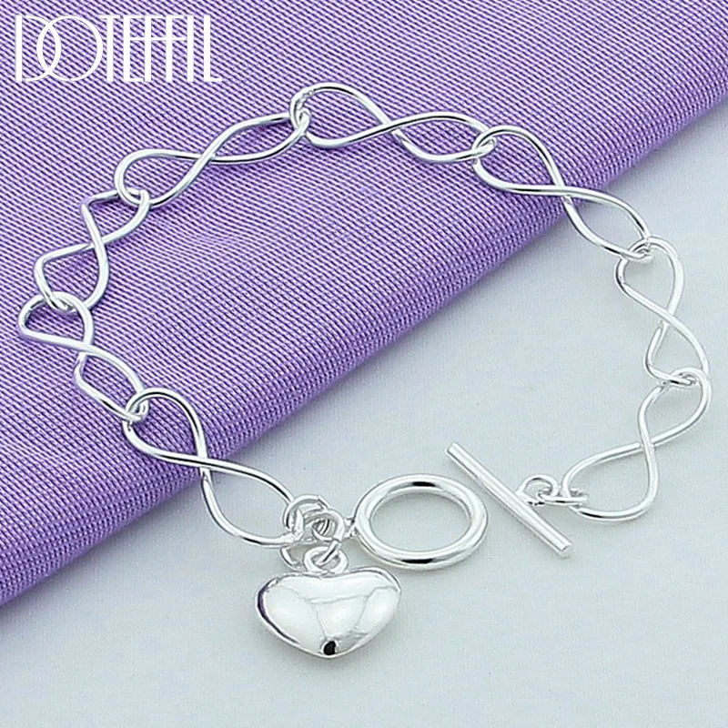 DOTEFFIL 925 Sterling Silver Solid Heart Pendant Bracelet For Woman Jewelry