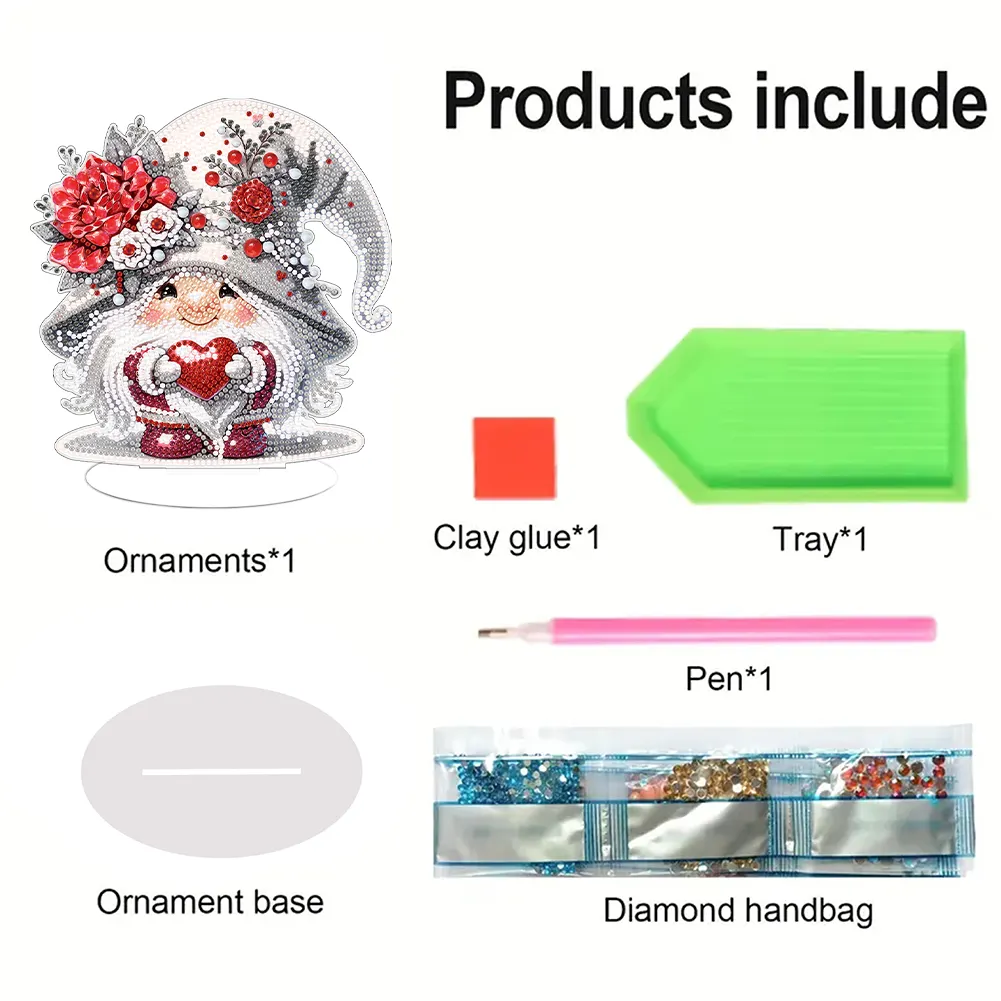 DIY Love Rose Gnome Single-Sided Acrylic Diamond Painting Tabletop Ornament for Home Office Desktop Decor