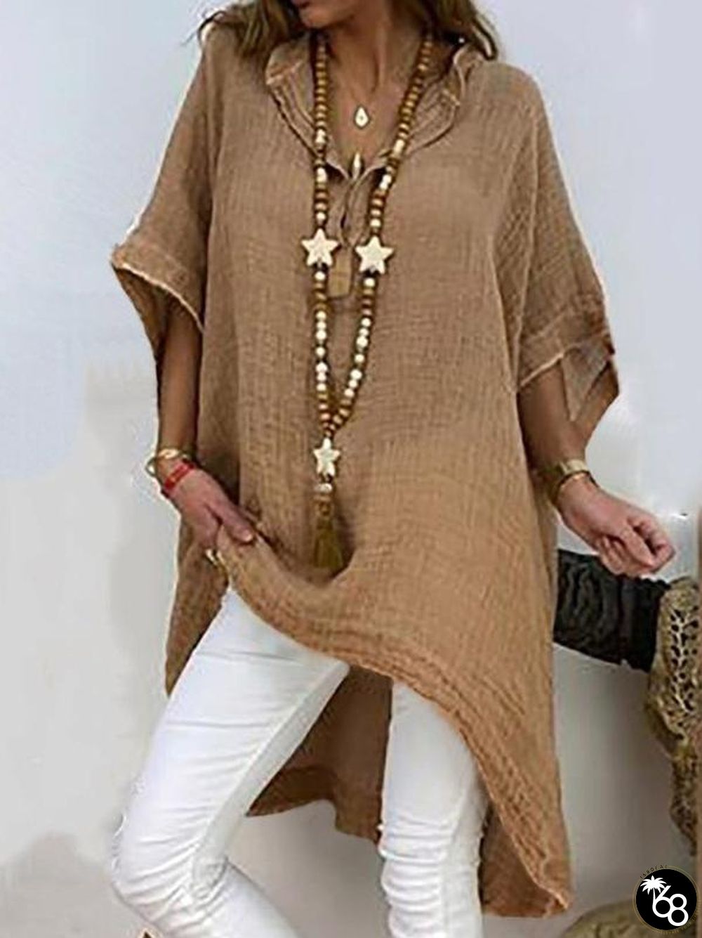 PLAIN ASYMMETRIC THREE-QUARTER SLEEVE LONG BLOUSE | 168DEAL