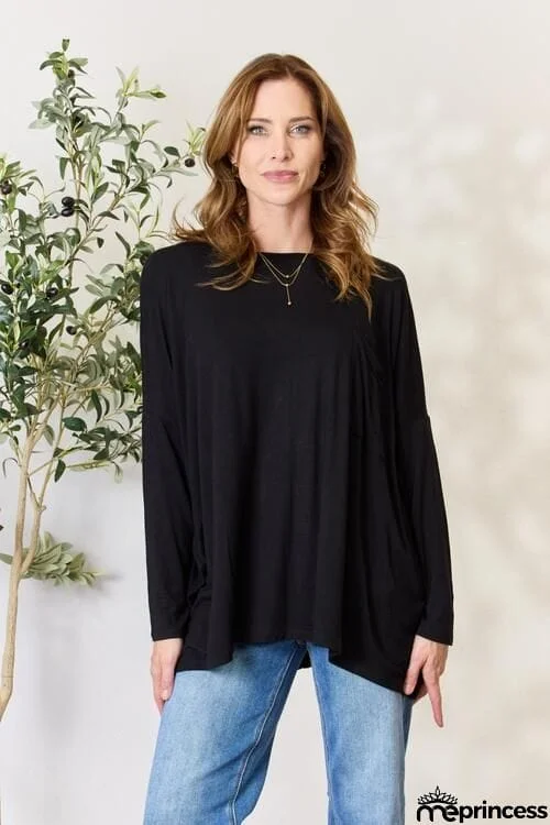 Zenana Full Size Round Neck Long Sleeve Top with Pocket