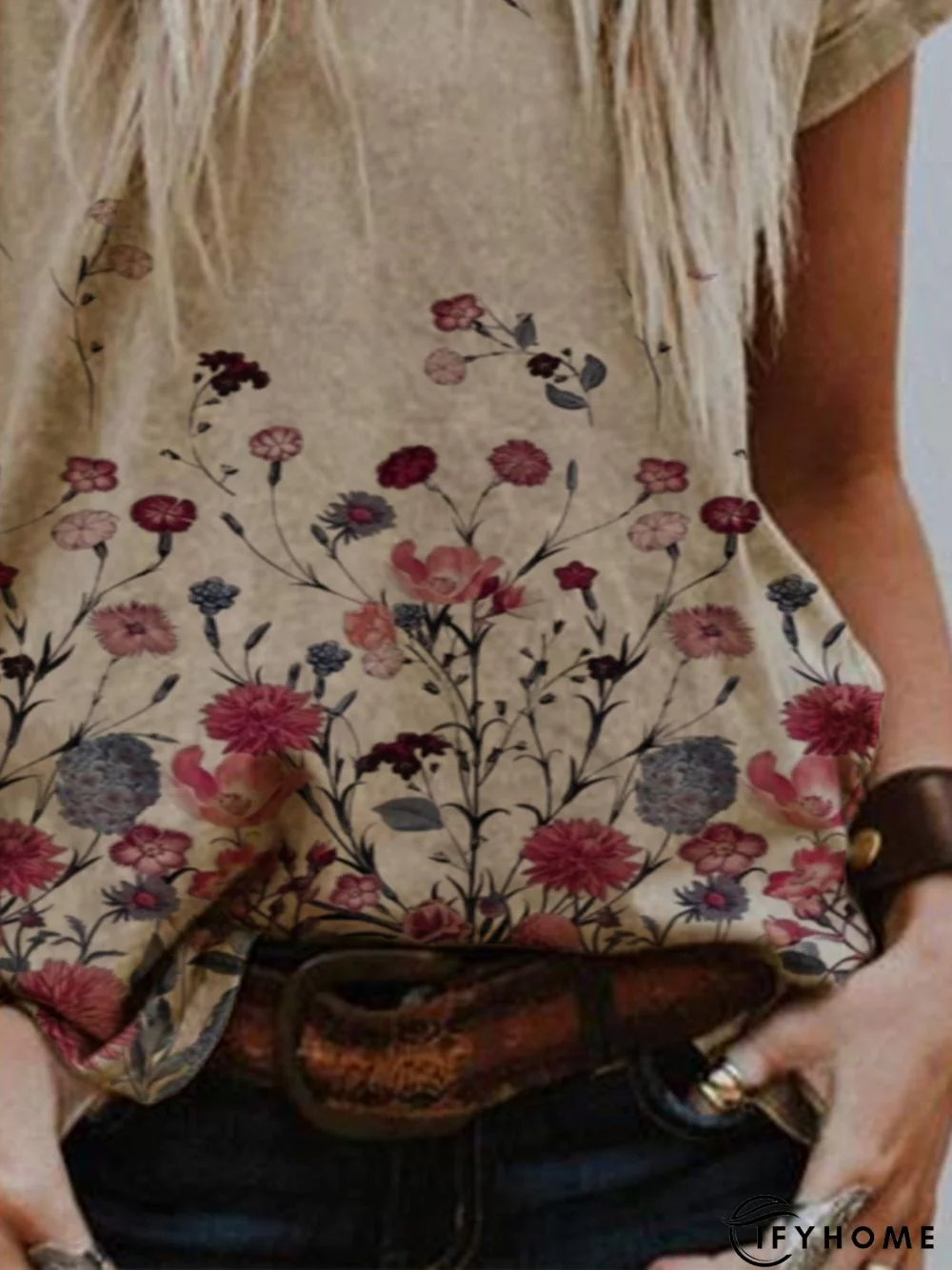 Women Simple Khaki Crew Neck Printed Plus Size T-shirt | IFYHOME