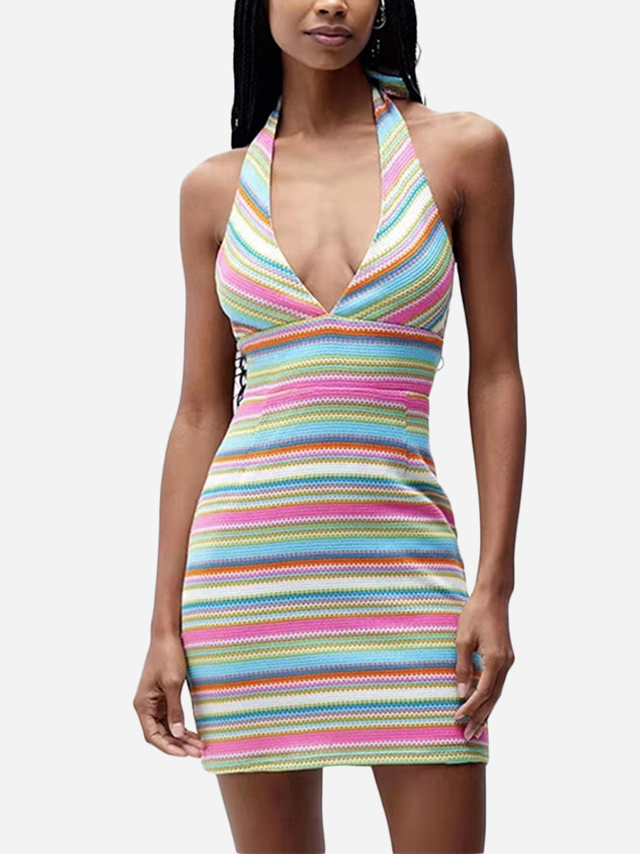 V Neck Lace Up Striped Short Dress