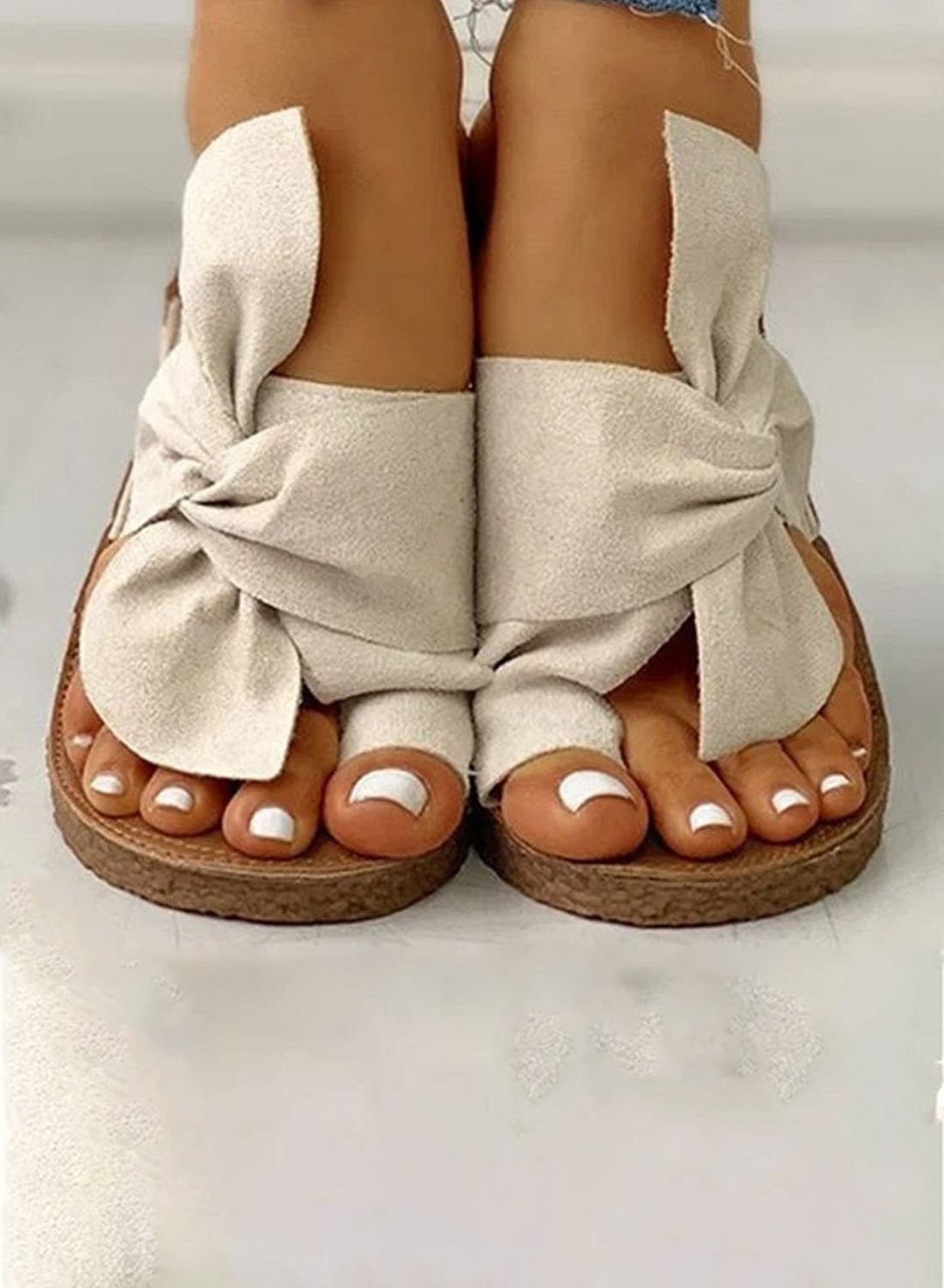 Women's Cork Sandals Bow Tie Flat Slippers Suede Solid Plush PU Leather