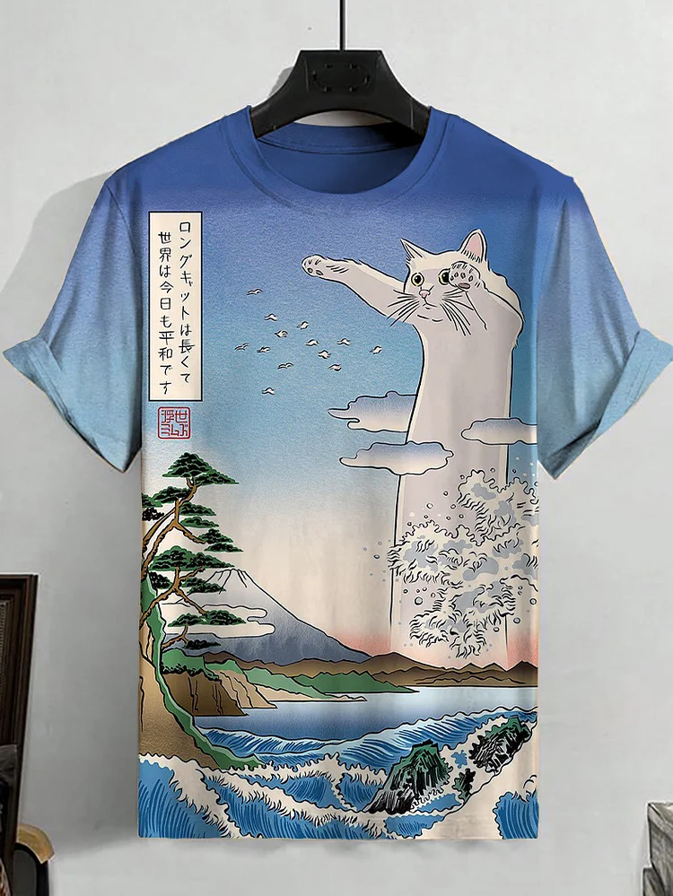 Men's Sea Wave Long Cat World Peace Art Print Casual T-Shirt
