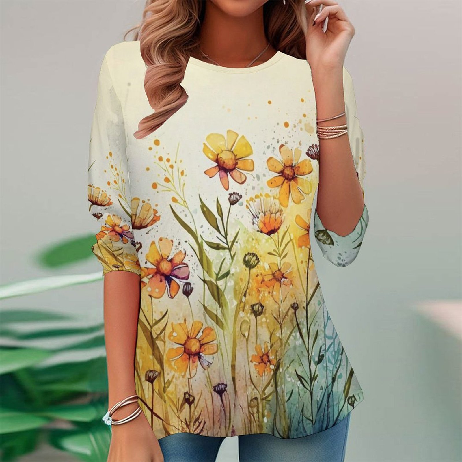 Women Long Sleeve V-neck Graphic Floral Printed Top