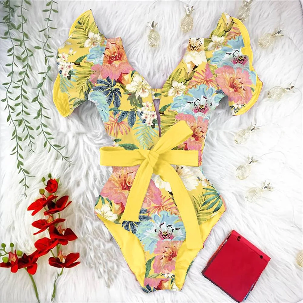 2022 New Sexy Ruffle Print Floral One Piece Strappy Slimming Swimwear Women Swimsuit Deep-V Bathing Suit Beach Wear Monkini