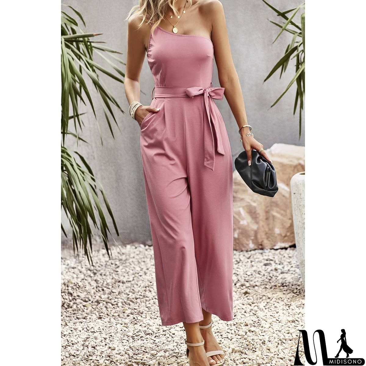 MidiSono - One Shoulder Belt Knot High Waist Jumpsuit