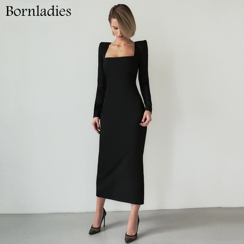 Bornladies Luxury Bodycon Dress Stretch Square Neck Long Sleeve Party Dresses Women Spring Slender Split Mid-Calf Sexy Dress