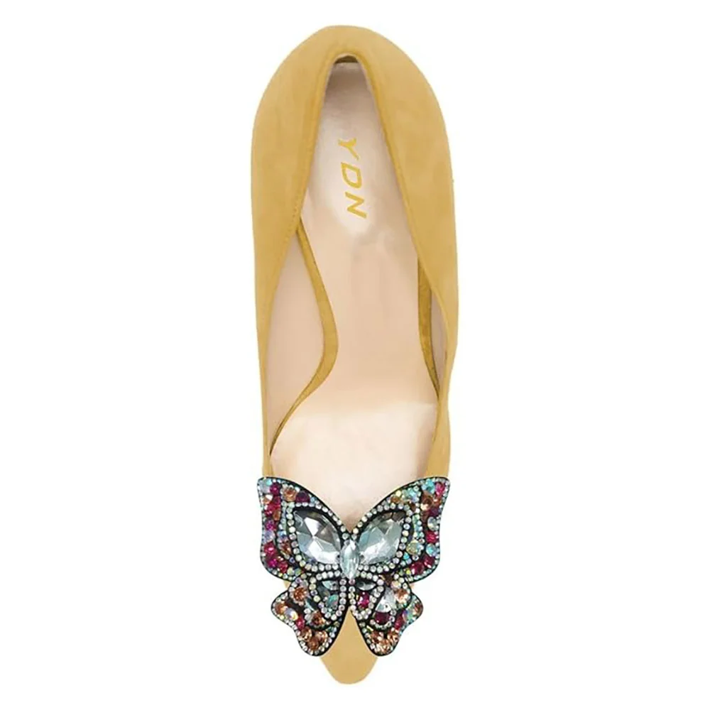 Chic Yellow Decorative Heel Rhinestone Butterfly Pumps for Women