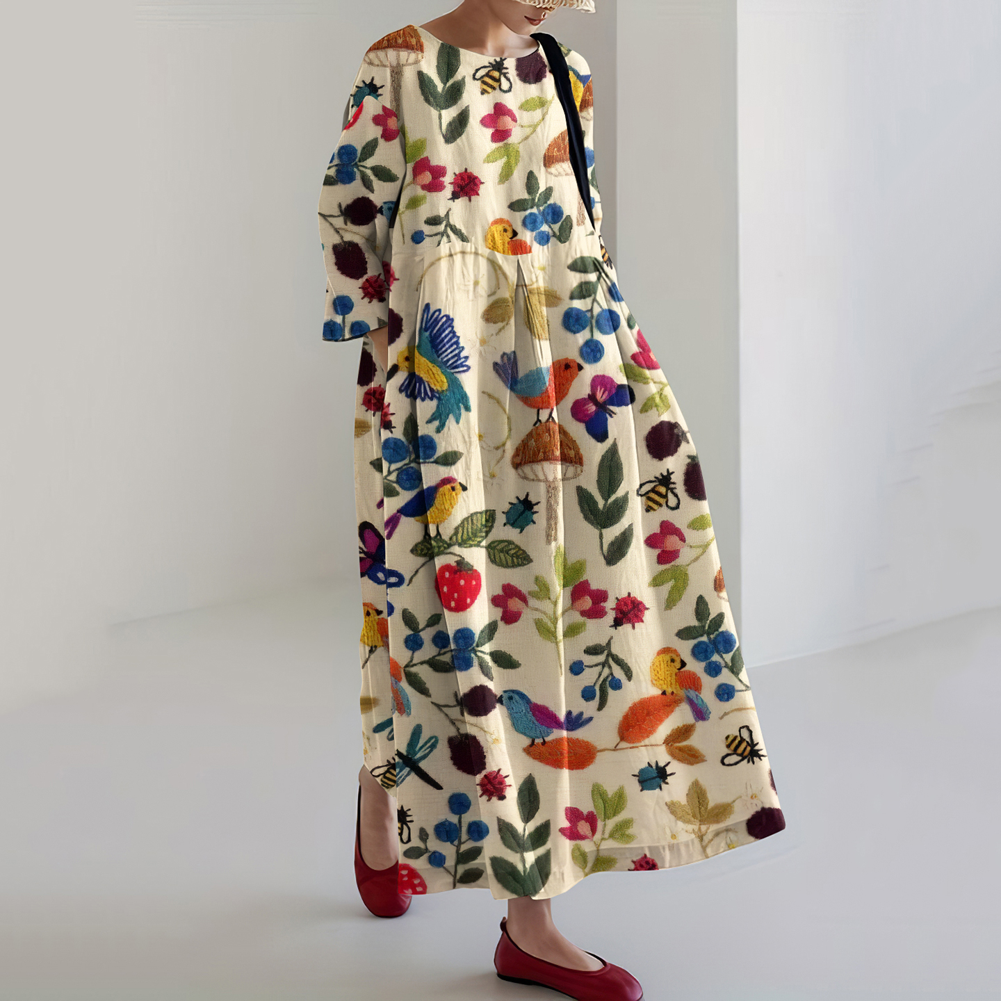 Comstylish Floral Insect Birds Plant Embroidery Pattern Print Midi Dress