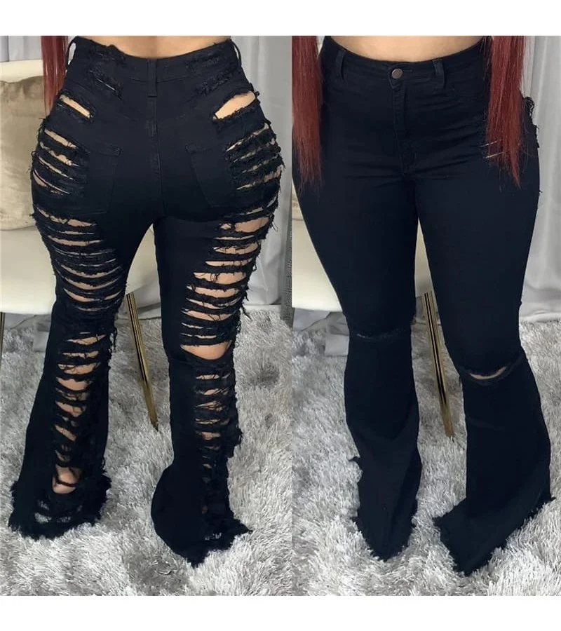 Women Fashionable High Waisted Raw Hem Ripped Jeans S-3XL