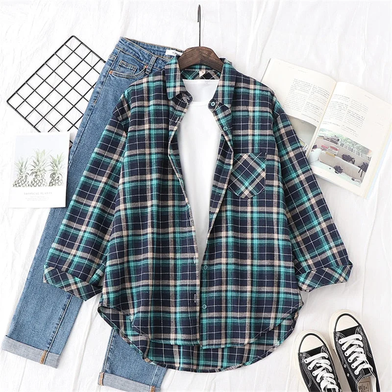 Women Blouses Shirts Womens Tops And Blouses 2020 Womenswear Long Sleeve Clothing Button Up Down Shirt Plaid Korean Female New