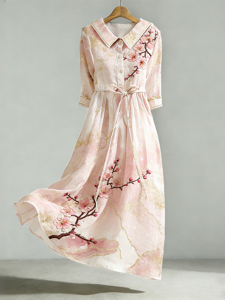 Japanese Cherry Blossom Abstract Marble Art Flowy Linen Maxi Dress wearshes