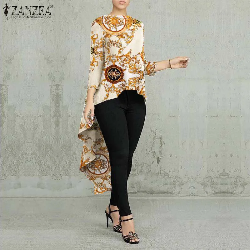 ZANZEA Stylish Asymmetrical Blouse Women Floral Printed Long Sleeve Shirt High Low Tops Oversized Autumn Bohemian Party Blusas
