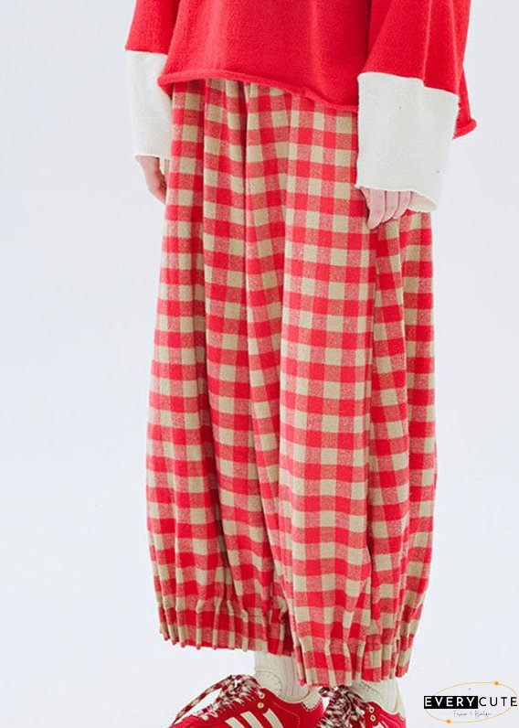 Loose Red Plaid Patchwork Pockets Elastic Waist Lantern Crop Pants Fall