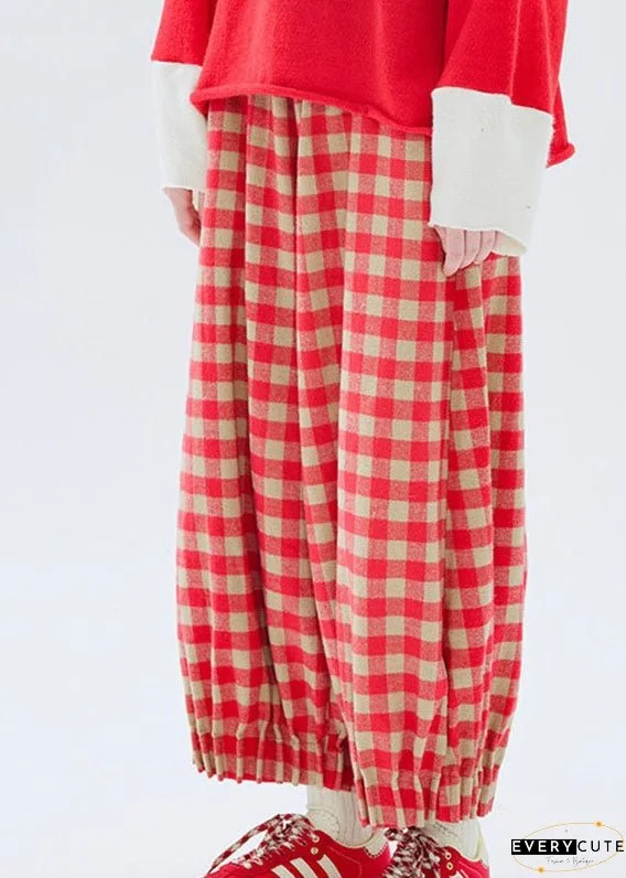 Loose Red Plaid Patchwork Pockets Elastic Waist Lantern Crop Pants Fall