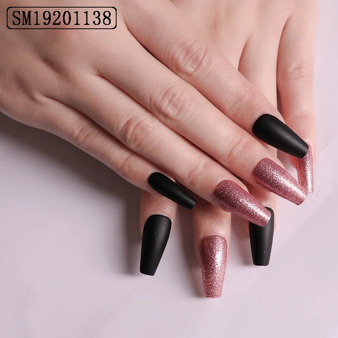 Artificial Glitter Pink Graffiti Detachable Long Almond False Nails Wearable Fake Nails Full Cover Nail Tips Press On Nails 24pc