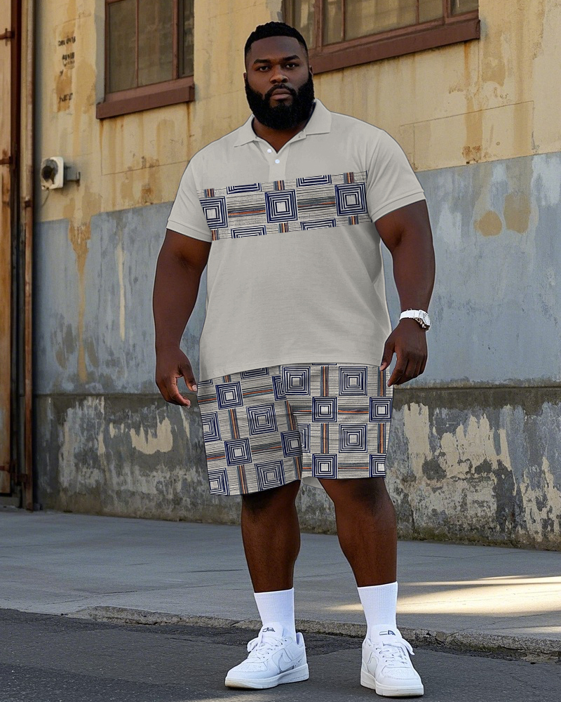 Men's Vintage Geometric Pattern Printed Big & Tall Short Sleeve Polo Shirt Shorts Set