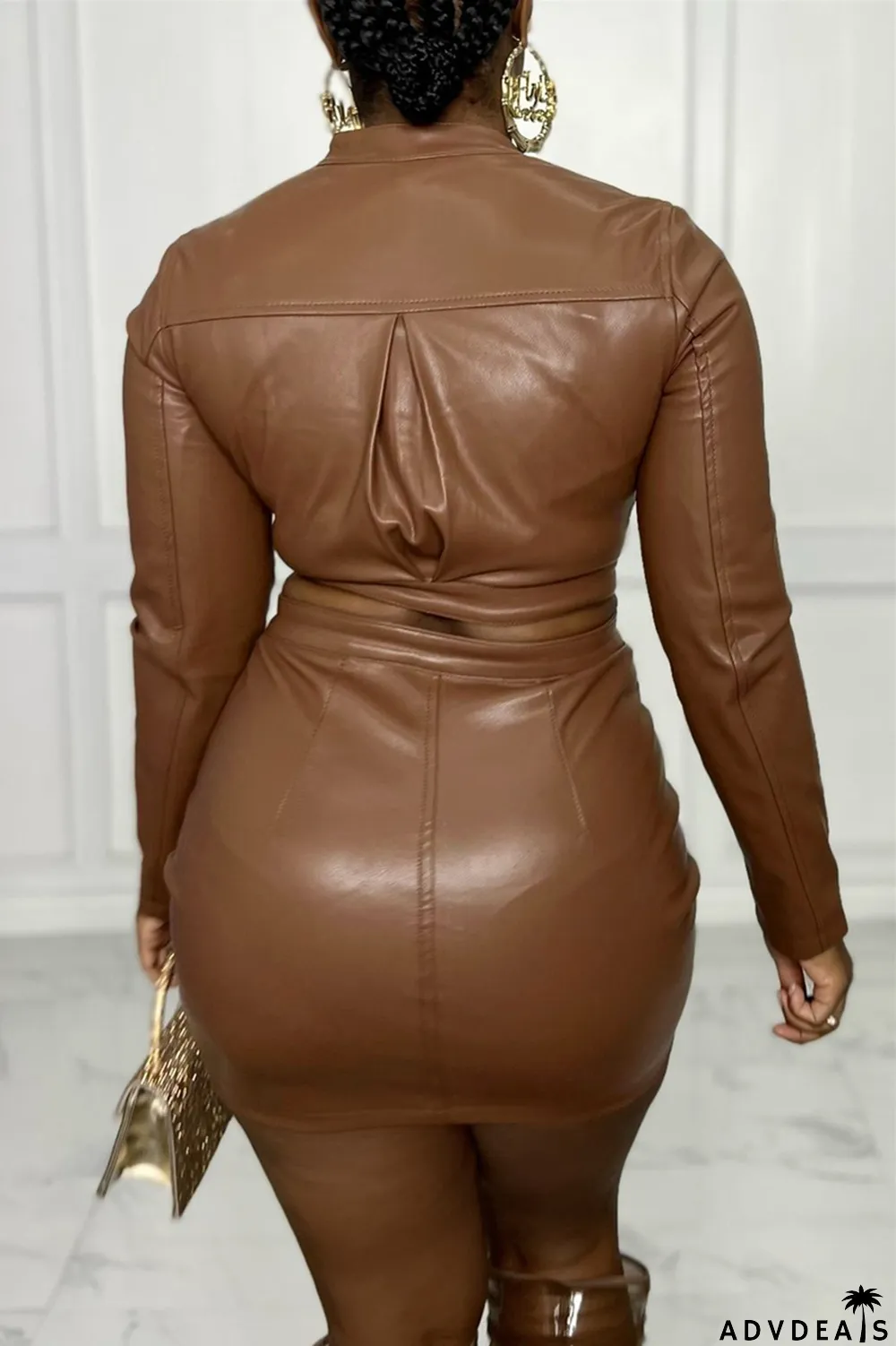 Coffee Fashion Sexy Solid Split Joint Zipper Collar Long Sleeve Two Pieces