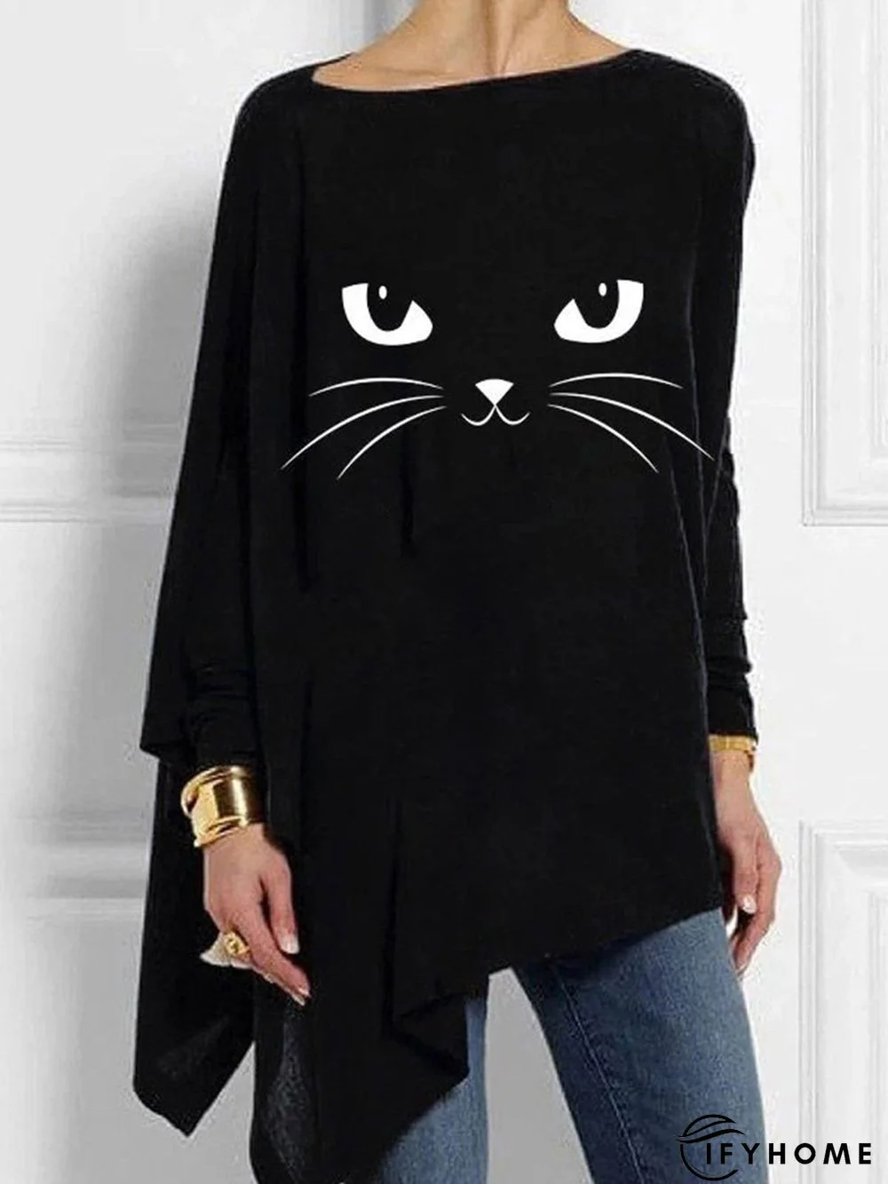 Black Casual Cat Printed Asymmetric Long Sleeve Shift Tunic Top | IFYHOME
