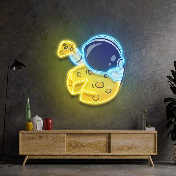 Astronaut Eating Cheese Moon LED Neon Sign Light Food Restaurants Wall Sign