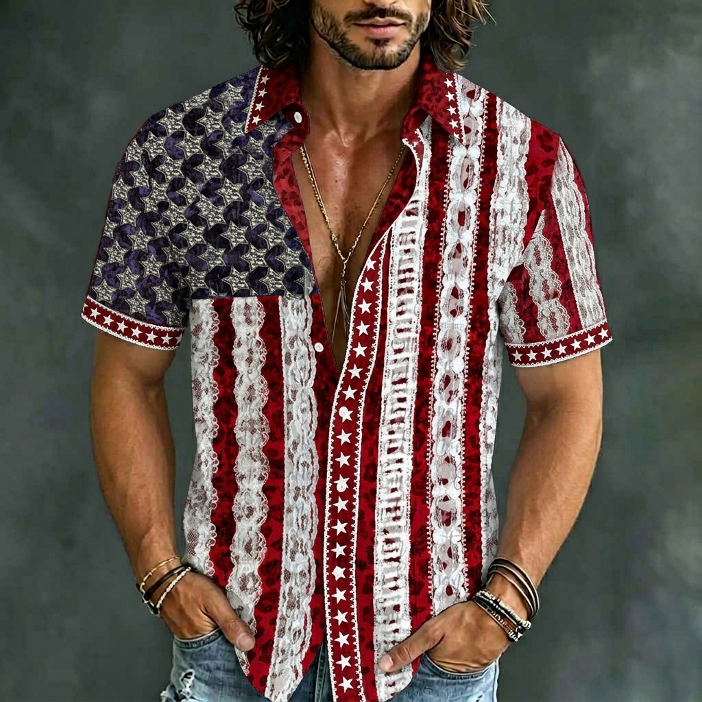  Men's Vintage 1776 Independence Day Flag Print Casual Short-sleeve Shirt Westsshops