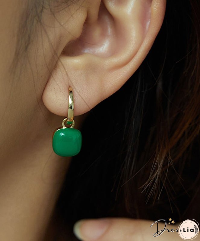 Unique Green Copper Overgild 18K Gem Stone Square Drop Earrings