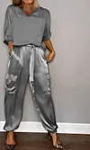 Women's Smooth Satin Half-sleeved Top and Pant Two-piece Suit
