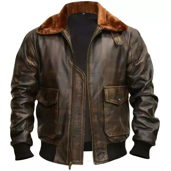 Men's Aviator Bomber Flight Jacket Distressed Brown Leather Jacket