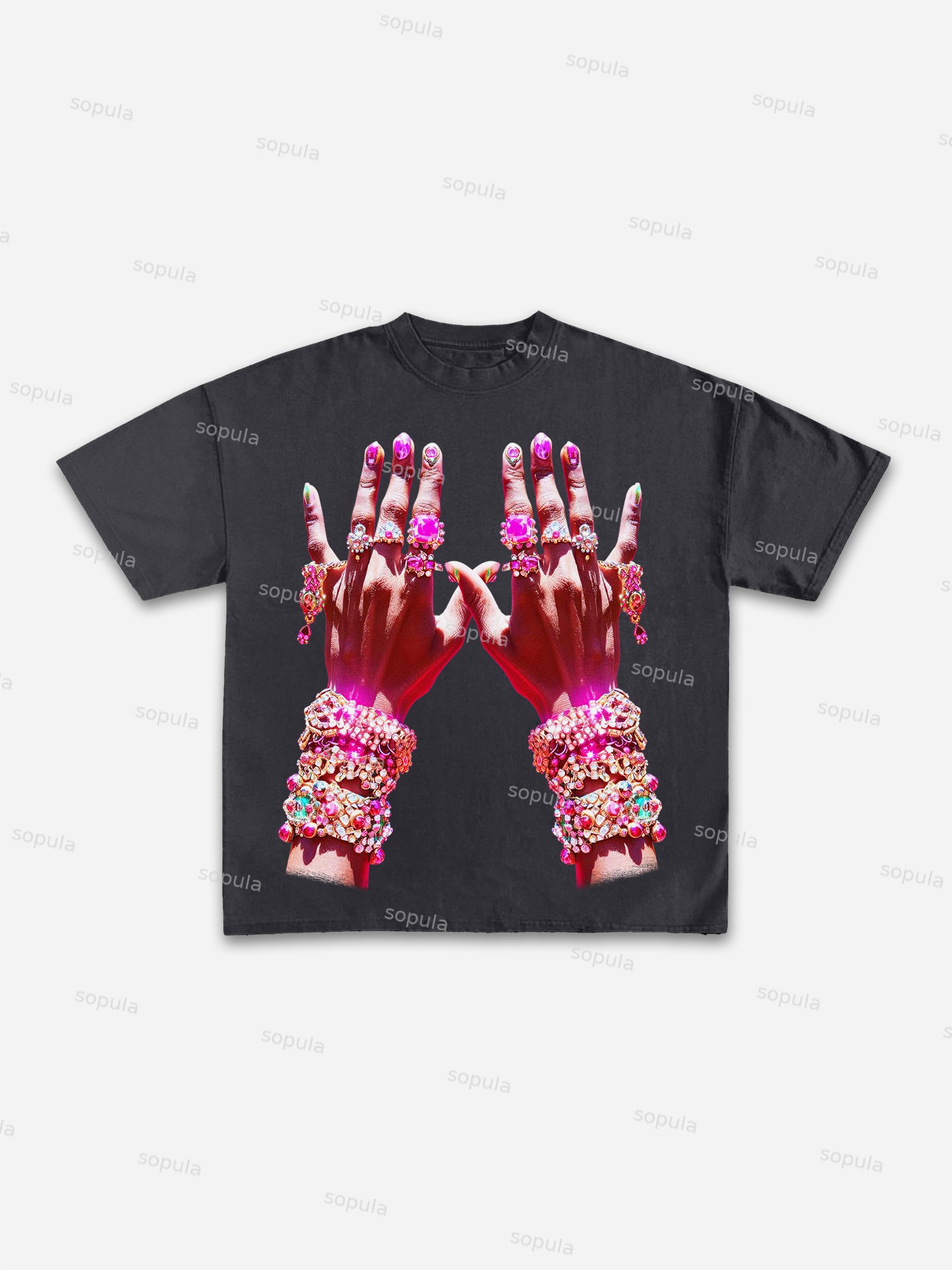 Diamond Decorated Hands Print Cotton T-shirt