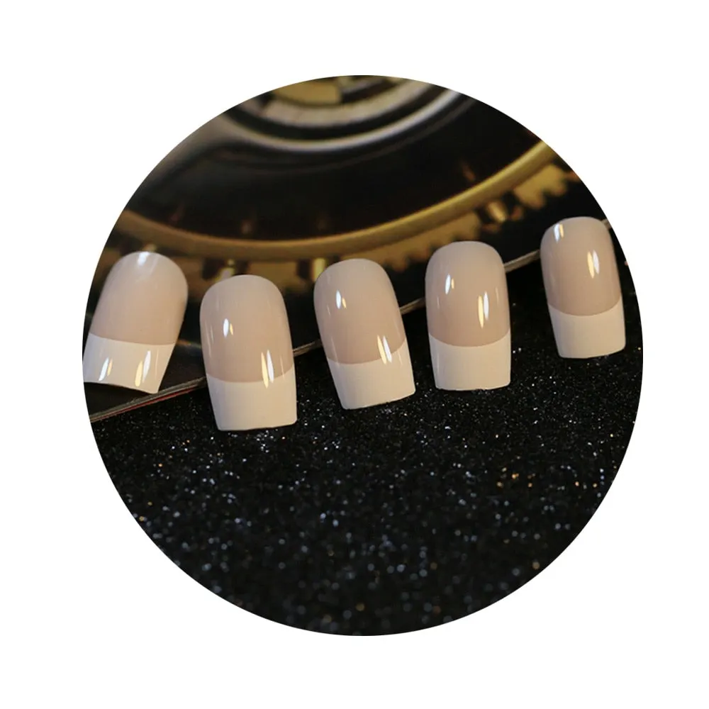 Fashion 24Pcs Natural French Short False Nails Acrylic Classical Full Cover Artificial Nails Home Office DIY Decor With Glue-Nail Inspo