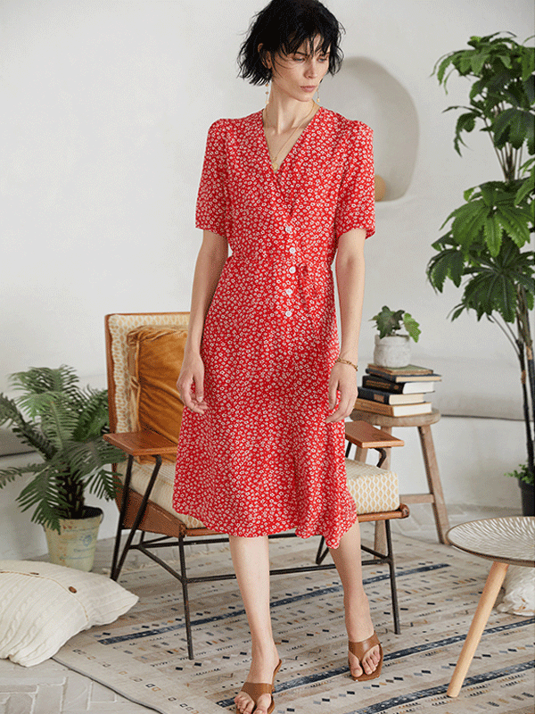 Robe en soie imprimé floral épars rouge - SOIE PLUS