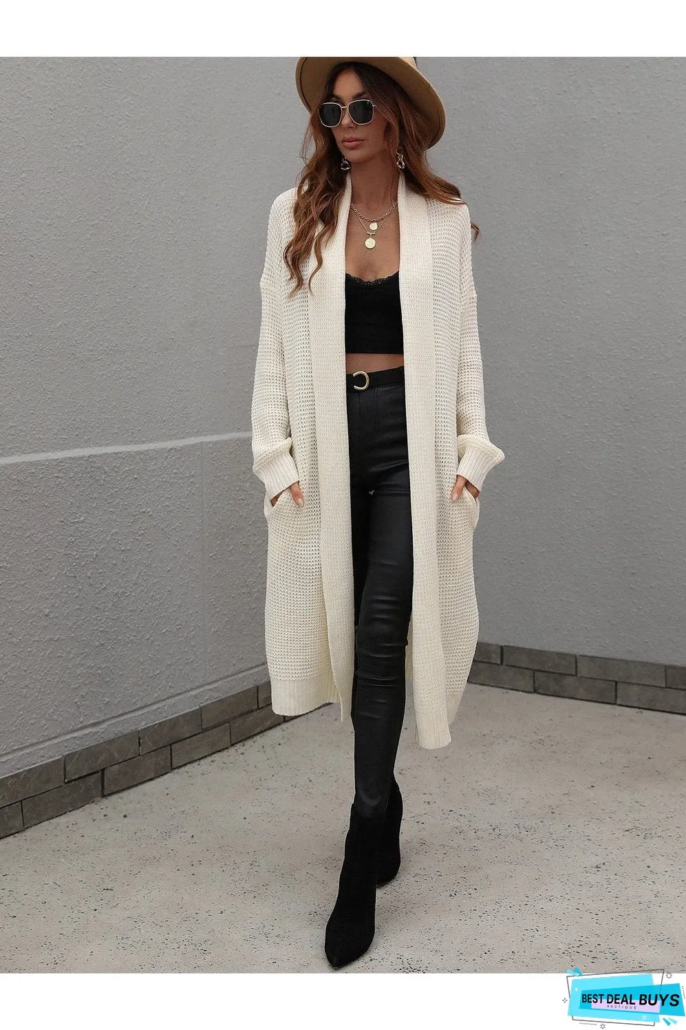 Waffle Knit Open Front Duster Cardigan With Pockets