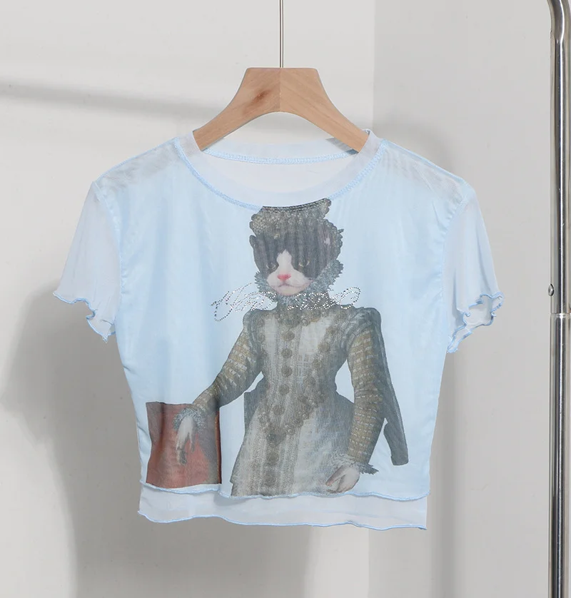 Uveng Front Double-Layer Mesh Hot Wood Ear Print Short-Cut Umbilly T-Shirt 8832-1