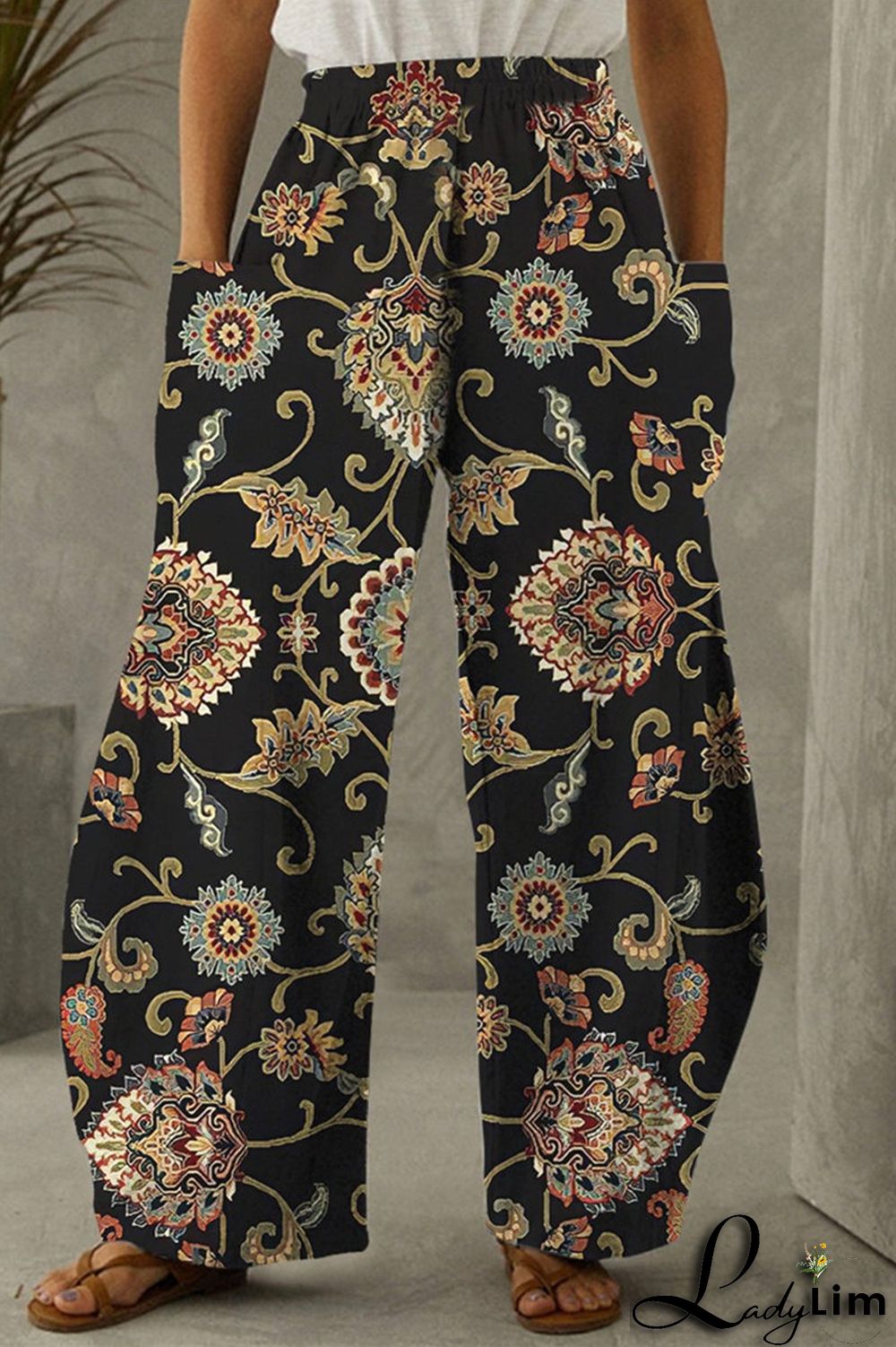 Blue White Fashion Casual Print Split Joint Pocket Regular High Waist Trousers