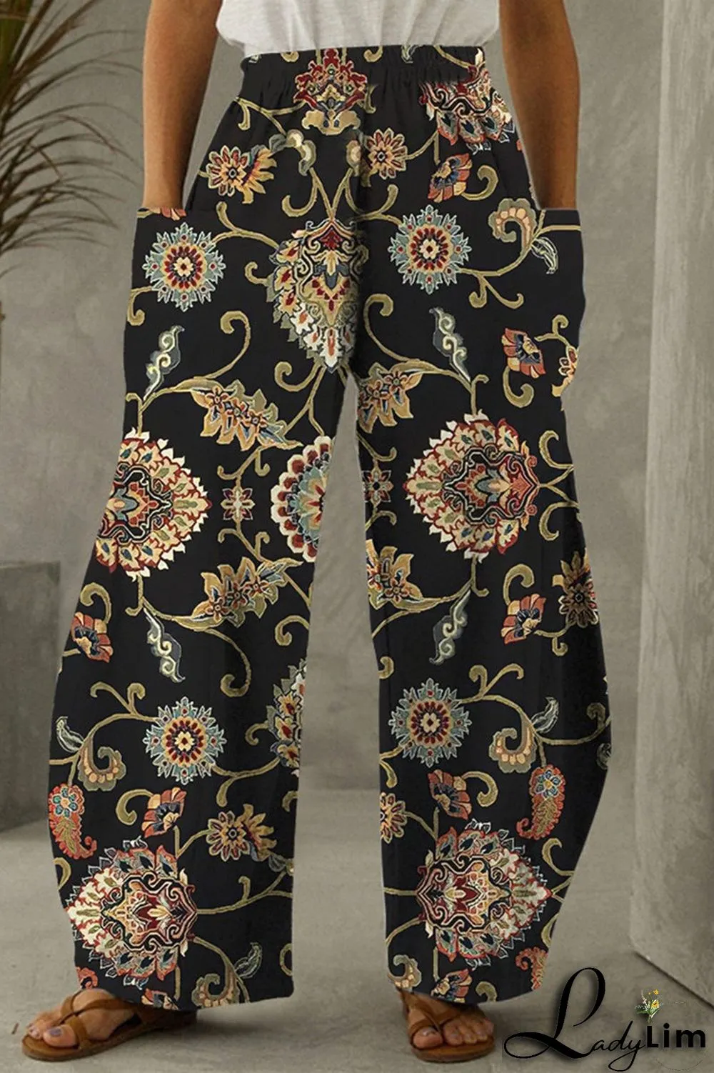 Blue White Fashion Casual Print Split Joint Pocket Regular High Waist Trousers
