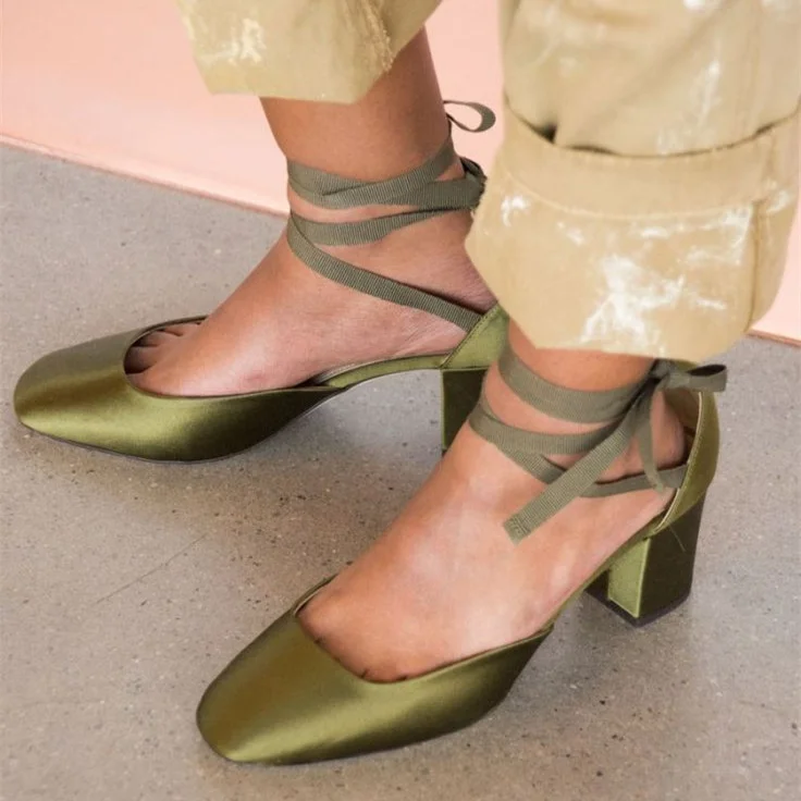 Olive Green Satin Strappy Heels Square Toe Lace up Chunky Heel Pumps |FSJ Shoes