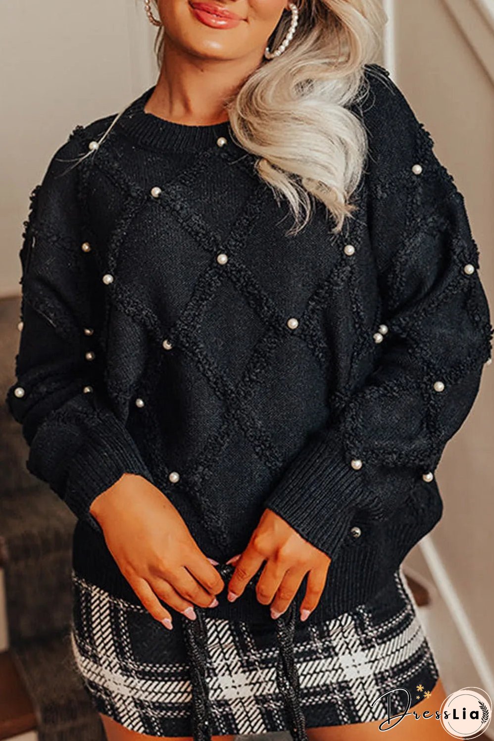 Black Pearl Embellished Rhombus Pattern Sweater