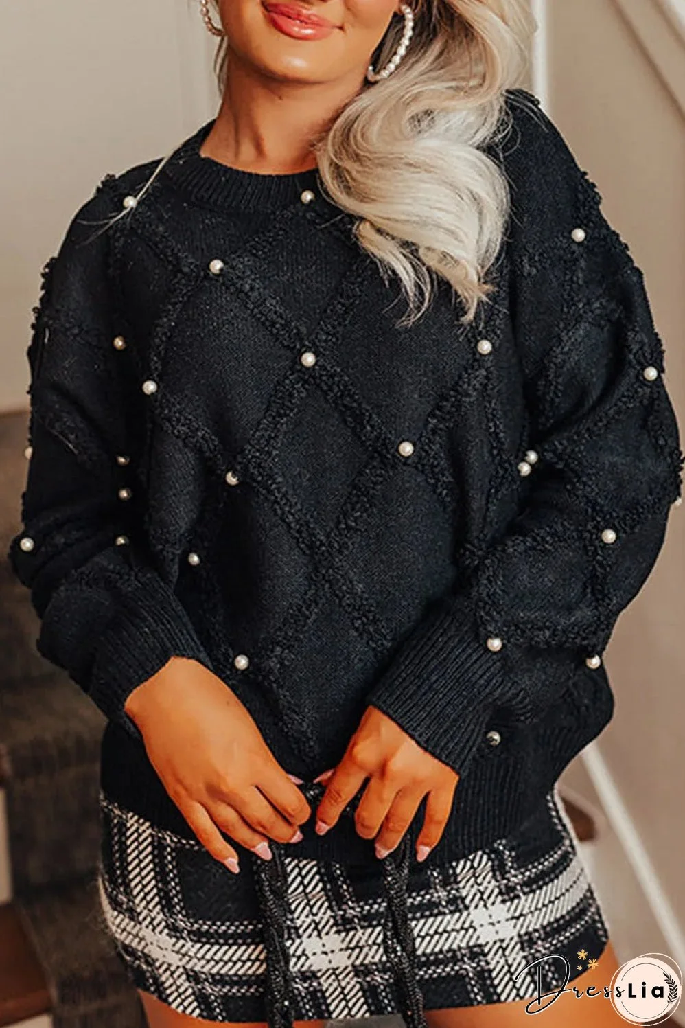Black Pearl Embellished Rhombus Pattern Sweater
