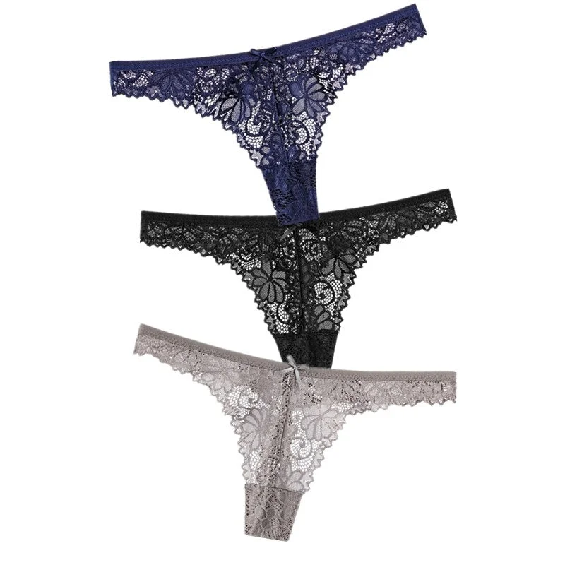 3Pcs/Lot Sexy Lace Thong Low Waist Lace Transparent Panties Women Hollow out Breathable G String Briefs Bow Underwear Lingerie